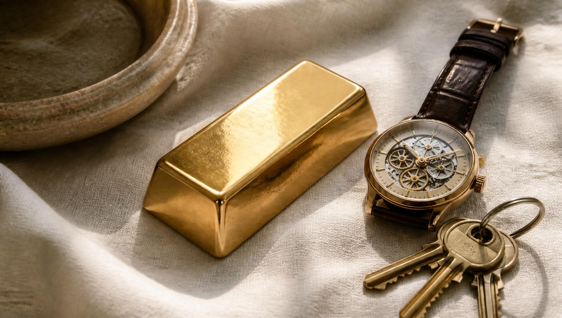 A gold bar, a mechanical watch and a set of keys on cream linen
