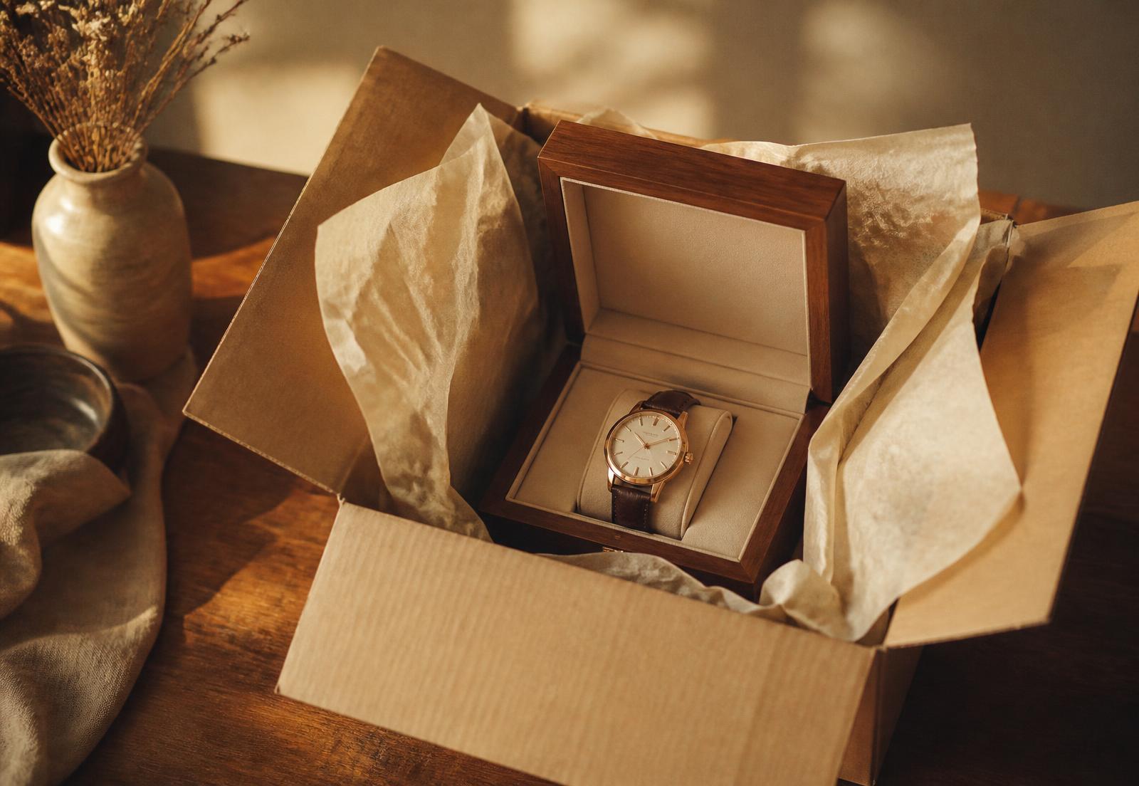 A delivered parcel opened on a table to reveal a watch in its box